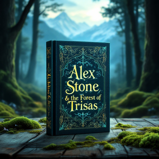 A vast, mystical forest with towering, shrouded trees casting long shadows under the glow of a soft, enchanted light. The backdrop features distant, snow-capped mountains partially obscured by ethereal, swirling mist. The forest ground is illuminated in hues of green and blue, radiating a magical, otherworldly aura. The silhouette of a young man is placed slightly to the right of center in the foreground, holding a lute. Around him, magical symbols and faint glowing runes float, dancing softly in mid-air.