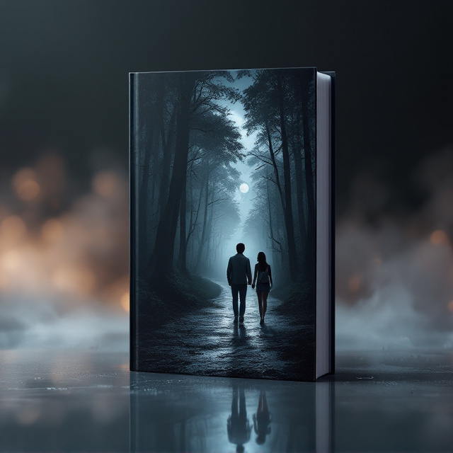 The cover features a dense, shadowy jungle path under a dark night sky as the background. The faint mist blankets the scene, with soft silver moonlight filtering through the tall, shadowy trees. In the center of the frame, slightly offset to the right, a young man (grey jacket, blue jeans, white sneakers) walks cautiously ahead, his slightly turned-away face partially lit. A few steps behind him, the young woman (casual shorts, a backpack) is seen walking with hesitance. Both characters are visible from slightly behind and are backlit by the moonlight, with shadows elongating towards the reader. Their faint reflections seem to shimmer hazily on a wet jungle path. The muted palette uses deep blues, dark greens, and a soft gradient of silvery whites.