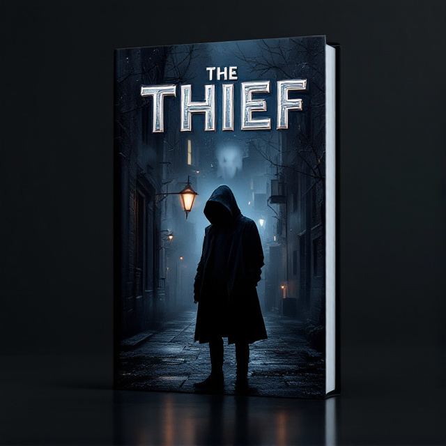 A shadowy, hooded figure is depicted in the foreground, standing in a dimly-lit urban alley. The background features a moody, mist-filled cityscape with faint glowing lights from buildings. A subtle, ghost-like outline of a lock and key is worked into the mist, nearly hidden to add intrigue. The color scheme uses dark tones such as black, charcoal, and deep navy, contrasted with accents of silver and cobalt blue to emphasize suspense and mystery.