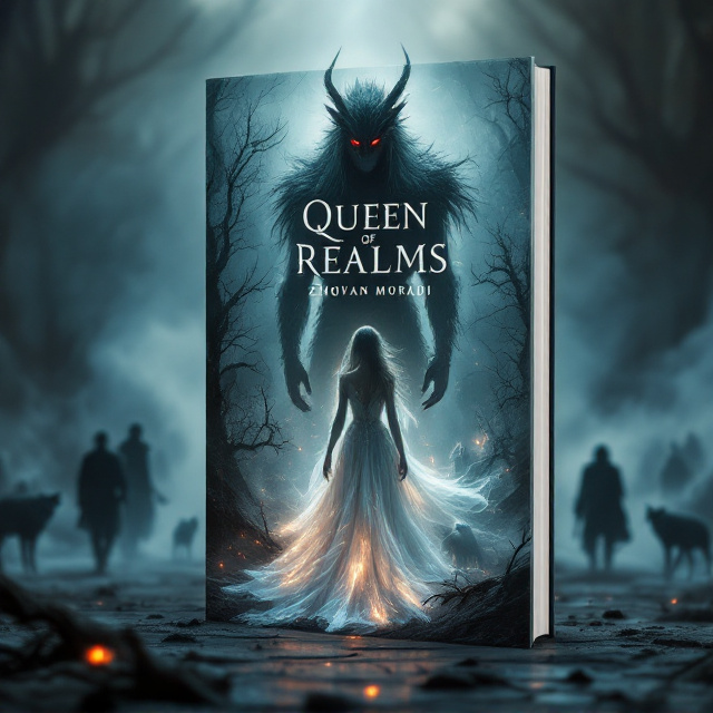 A haunting, ethereal composition showcasing Amaris positioned in the foreground, slightly off-center, commanding attention. She is depicted in her shimmering, mist-like gown that illuminates softly against the backdrop. Vael is positioned protectively behind her, his towering presence enhanced by his faintly glowing red eyes and confident smirk. The background features a desolate, shadowy battlefield veiled in smoky mist, blending ghostly wolves, human hunters, drifting spirits, and dark, looming figures. Soft supernatural glows outline the characters and key details, lending a surreal and enchanting effect to the cover.