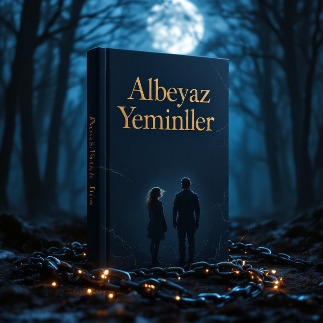 A moody, darkened forest at night serves as the backdrop, bathed in deep navy blue hues, with faint light passing through dense, leafless branches to give a sense of mystery. In the foreground, a broken chain lays prominently on the ground, glinting faintly in the moonlight. Two silhouettes are centered – one of a rugged soldier wearing a military uniform, his hand gripping a weapon, and the other of a woman with windswept hair, standing slightly behind him, gazing at him with a mix of love and suspicion. The soldier’s stance is protective but uncertain; their dynamic conveys both closeness and tension.