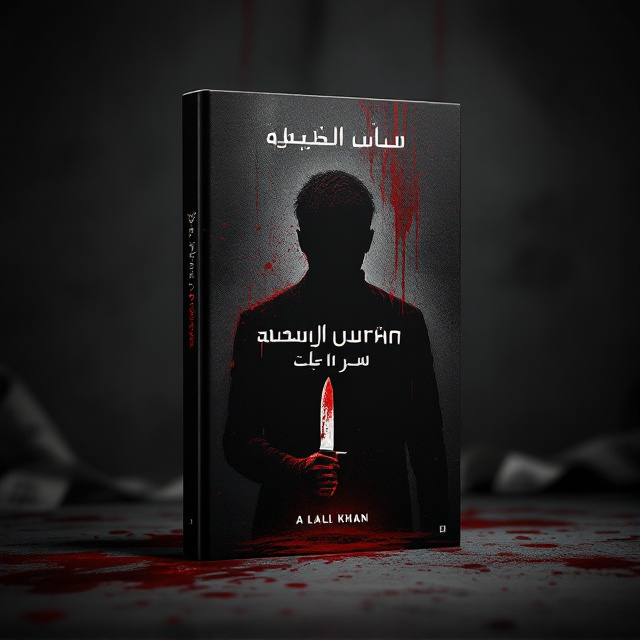 A dark and atmospheric background in deep black with textured gradients of red resembling dripping blood. A central figure of a man, his face obscured in mystery, is depicted with two distinct shadows. One shadow is calm and serene, while the other is menacing and fragmented, holding a bloodied knife. Subtle, faded crime scene elements (e.g., police tape, blurred fingerprints) blend into the background to add depth without overpowering the central composition. The man's posture is slouched, hinting at his psychological struggle.
