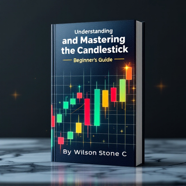 A striking candlestick chart illustration dominates the center of the cover, with its upward and downward trends drawn in a gradient of vibrant green and red tones. The background features a textured, dark-blue brushed metal effect, symbolizing intrigue and depth. Subtle glowing gridlines vertically and horizontally stretch across the backdrop to convey a sense of precision and focus. A faint golden glow outlines the title for emphasis, while tiny faint sparkles scatter along the edges, embodying curiosity and enthusiasm.