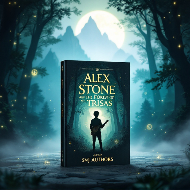A towering, dense forest dominates the background in varying shades of deep, emerald green and shadowy blue, shrouded in a soft, glowing mist. Rays of silvery moonlight pierce through the trees, illuminating subtle, magical swirling symbols floating in the air. In the foreground slightly off-center, the silhouette of a young man holding a lute is prominently featured, his stance curious and adventurous, surrounded by faintly glowing runic symbols. The landscape includes faint outlines of towering, craggy mountains in the distance, partially lost in the mystic haze.