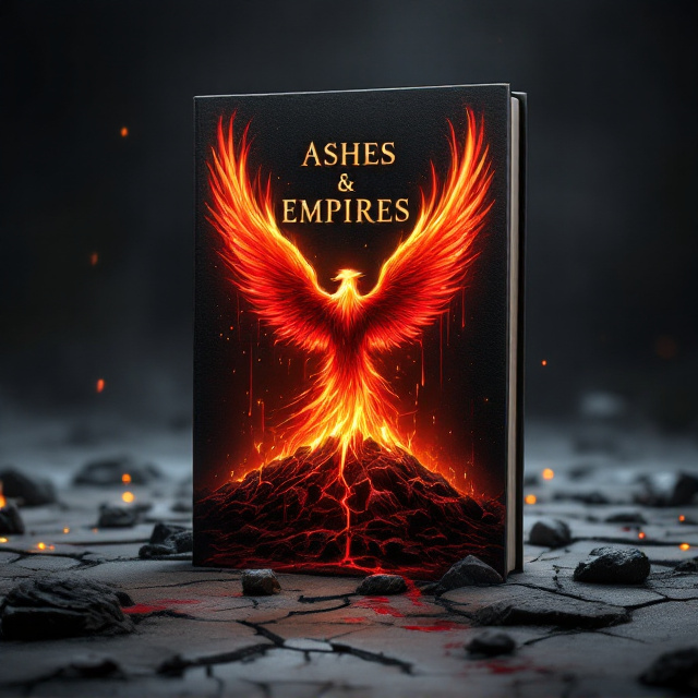 A shadowy scene with a grim, post-apocalyptic background. A phoenix rises dramatically from a bed of smoldering ashes at the center, with its wings ablaze in fiery reds and oranges. Drips of blood form a faint trail on the bottom edge of the cover, highlighting the suspense. The phoenix’s flames illuminate streaks of smoky darkness, creating a sense of mystery and danger. Subtle embers can be seen scattering around, blending into the black backdrop.