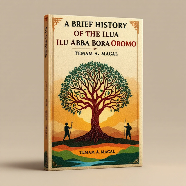 A central, stylized illustration of the Odaa tree with sprawling branches to symbolize wisdom and cultural heritage. In the background, a faint map outline of the Iluu Abbaa Boor region blends with earthy tones (warm oranges and browns) and is overlaid with traditional Oromo patterns on the edges. Silhouettes of Oromo warriors holding spears and shields appear subtly on either side of the tree, symbolizing strength and resilience. Above the warriors, traditional Gadaa insignias are faintly visible to emphasize governance and leadership. Below the title, hills and river motifs, highlighted in green and blue, represent the natural beauty and resources of the Oromia region.