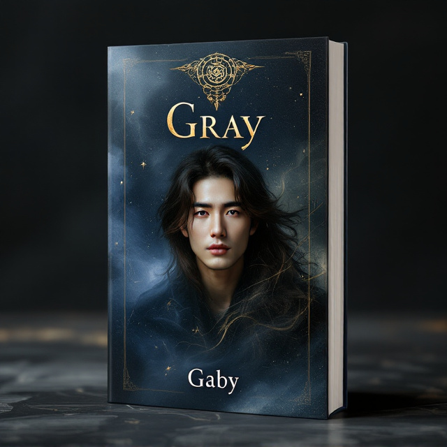 The cover features a dark and metallic blue gradient background that subtly shifts into shadowy swirls to convey a sense of mystery. A handsome Korean male figure with long brown hair and light brown eyes is depicted in a painterly style. His image is blended into the background as though he's emerging from or dissolving into the misty swirls, representing the interconnected themes of spirit, soul, and mythology. A soft golden stroke outlines parts of the figure, creating an ethereal glow. In the upper section of the cover, mysterious golden symbols inspired by ancient mythology float faintly. Delicate golden brushstrokes embellish and frame the title, adding artistic elegance.