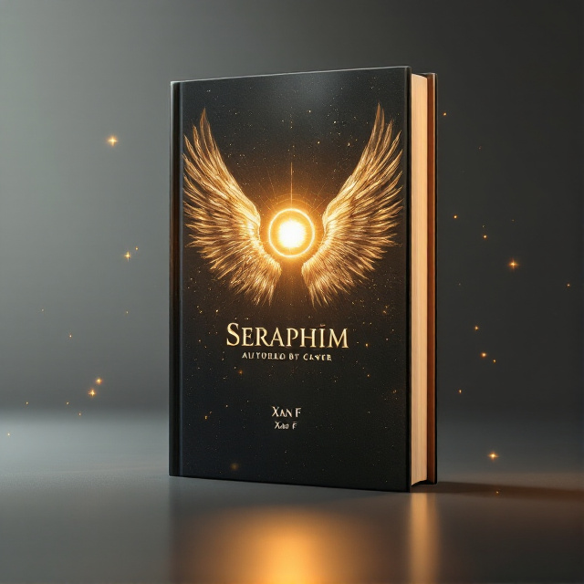 A pair of massive, intricate golden wings spread across the entire cover, shimmering with metallic detailing. A faint glow radiates from a golden halo situated just above the wings, creating a powerful focal point in the center. The background is a dark, stormy gradient transitioning from black at the top to deep gray at the bottom, highlighting the luminous gold elements. Subtle ethereal particles and light streaks scatter across the scene, giving off a celestial, otherworldly vibe.