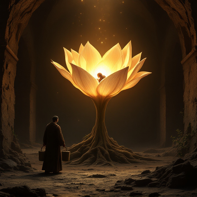 A dark, earthy-toned setting that mimics the underground atmosphere of an ancient abbey. The background showcases the shadowy outline of a cavernous, empty room with a dirt floor. In the center, a radiant, gigantic flower emerges from the ground, its petals glowing faintly with an ethereal light. Nestled in the flower's chalice is a serene newborn baby, bathed in soft, golden light. To balance the composition, a robed monastic figure stands to the left, holding a water bucket in each hand, his face visibly astonished, illuminated by the glow of the flower-baby scene. Small details like faint traces of ancient, decaying structures on the walls heighten the eerie yet mesmerizing vibe.