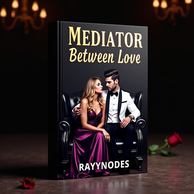 A dark, mysterious background depicting a luxurious, dimly lit room with high ceiling chandeliers. A handsome, athletic man with neatly combed dark hair sits on an ornate black leather sofa, wearing an impeccable white tuxedo and black bow tie. On his lap sits a breathtakingly beautiful woman with long, blonde wavy hair cascading down her shoulders. She’s dressed in a shimmering, deep purple gown that clings to her curves. The man gently strokes her hair as their eyes meet with a smoldering intensity. Subtle hints of romantic tension are added with a blood-red rose on the side table and a dormant shadow of a murder weapon slightly visible under the sofa.