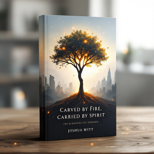 A lone scarred tree emerges prominently at the center of the cover, its blackened roots gripping the cracked, smoking earth below. The branches extend upward, transitioning in color from dark charcoals to soft whorls of vibrant golden flame at their tips. Small, luminous golden orbs — the spirit lights — drift upwards into an ethereal gradient sky of soft white blending into a serene sky blue, representing hope. In the background, a shadowy outline of a ruined, smoky city fades into a flourishing garden, symbolizing rebirth and transformation.