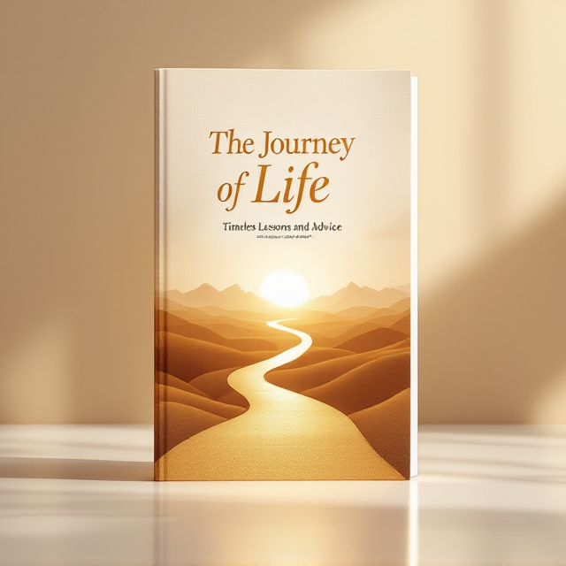 A serene, minimalistic design showcasing a golden, winding pathway leading toward a luminous sunrise on the horizon, symbolizing life’s journey. The backdrop is a gradient blend of warm, earthy hues—light beige transitioning to soft amber tones. Scattered faint silhouettes of mountains in the distance add depth, and a subtle texture mimics parchment paper for a timeless effect.