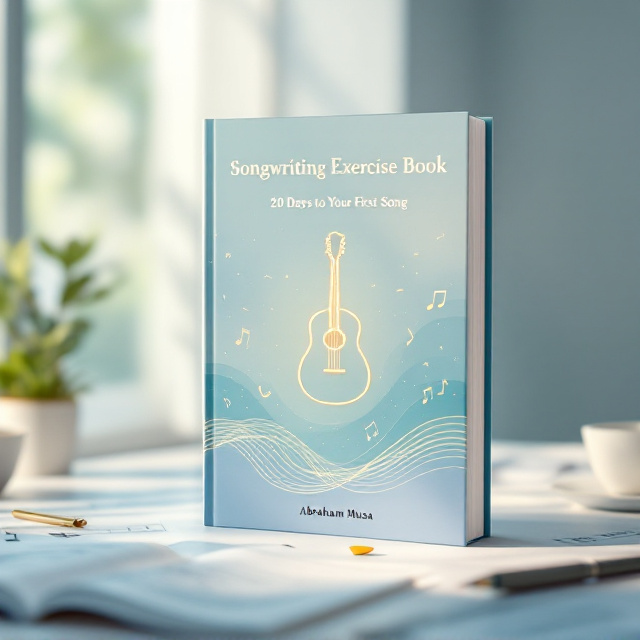A soft, glowing blue gradient background resembling early morning light blending into the sky, symbolizing new beginnings and inspiration. Overlaid faintly in the background are musical notes and subtle abstract waves, illustrating the journey of creating music. Central to the cover is a minimalistic illustration of an acoustic guitar outlined in gold foil, anchored at the center to symbolize focus.