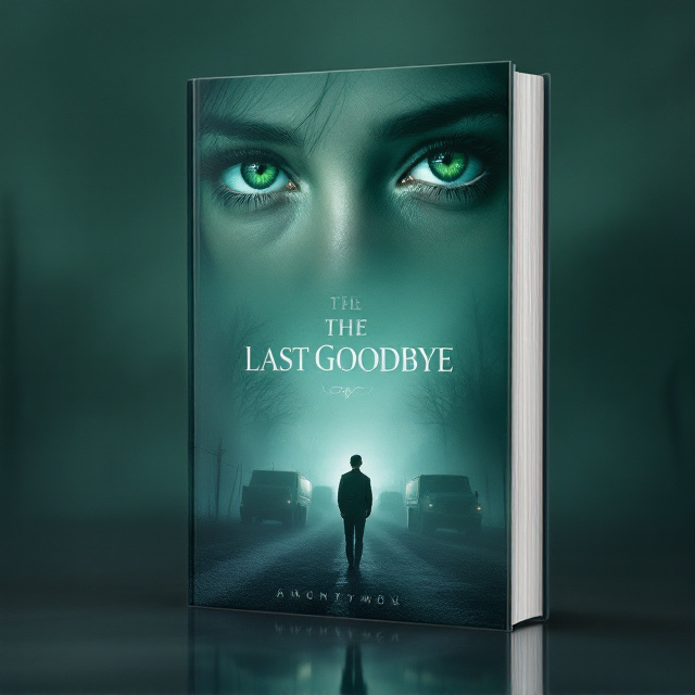 A misty background with dark greenish-blue tones sets an emotional tone. Faintly visible is the silhouette of a young man in a military uniform walking away along a foggy dirt road, surrounded by shadows of military trucks barely seen through the fog. Overarching the cover is the close-up of a girl's vivid green, teary eyes, seamlessly blending into the dreamy, mist-filled atmosphere. Soft beams of light pierce gently through the fog, adding depth and subtle hope. A shadow of camp fences or trees blends softly into the background to maintain a realistic yet surreal mood.