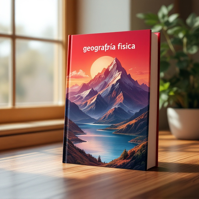 A stunning and detailed illustration of a majestic mountain range overlooking a serene lake is placed at the center. The mountain's texture and details represent physical geography. The backdrop features a reddish gradient sky transitioning from deep crimson tones at the top to soft pink hues towards the horizon, complementing the primary color preference. Elements such as clouds, a sunrise, and terrain variation (plains, hills, rivers) are subtly incorporated to showcase geographical diversity.