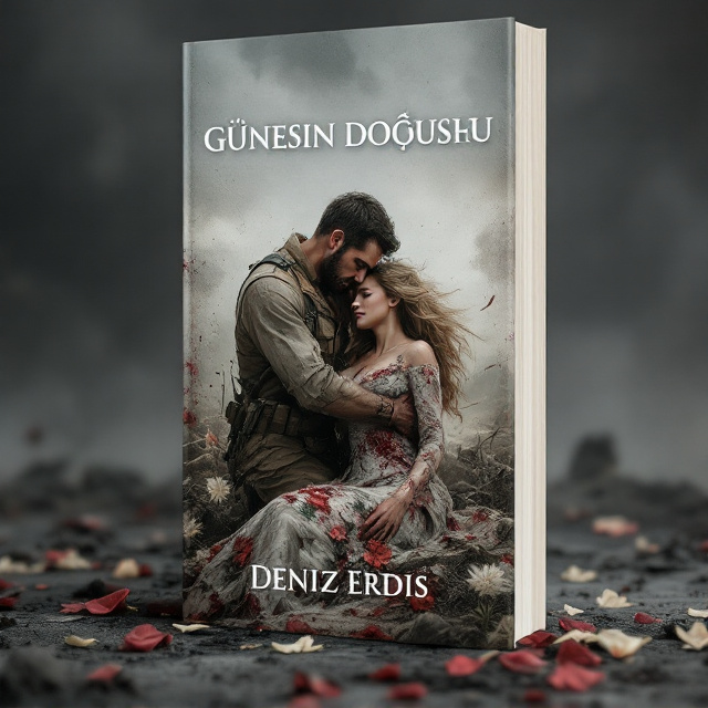 A pale, desaturated battlefield covers the background, with a smoky sky in shades of white, black, and gray blending into one another. At the center of the composition, a strong yet sorrowful kumral (brunet) man in a worn, blood-streaked military uniform cradles a beautiful sarışın (blonde) woman wearing a tattered dress adorned with blood-stained floral patterns. Her body lies limp, contrasting with the strength in the man’s anguished, tear-filled expression. The ground beneath them is littered with debris and scattered petals, indicating a clash of love and war. Realistic detailing and soft lighting are used to evoke raw emotion.