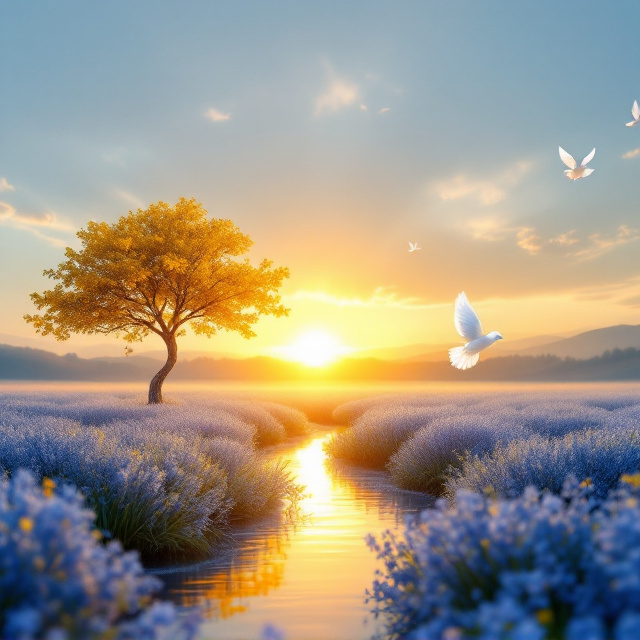 A serene landscape illustrating a golden sunrise breaking over a tranquil field of blue wildflowers. The horizon is illuminated with soft rays of light symbolizing hope and renewal. In the foreground, a majestic tree with flourishing golden leaves stands tall, representing strength and restoration. A calm river flows gently through the field, reflecting the blue and gold tones from the sky and tree. Subtle doves, soaring into the radiant sky, provide an additional layer of spiritual symbolism.