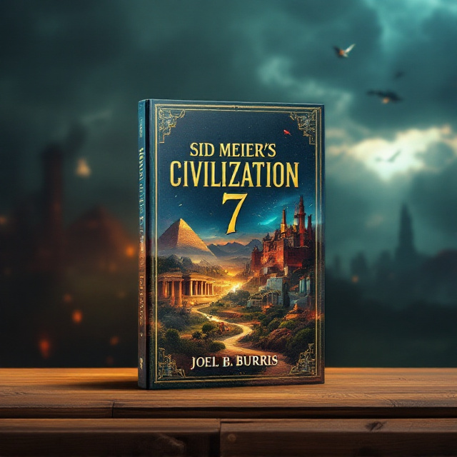 The cover features an epic, hyper-realistic timeline of human civilization flowing diagonally across the background. Starting in the bottom left, there’s an ancient pyramid glowing golden under the sunlight. Then, flowing towards the center-left, Greek temples surrounded by olive trees take shape. Above and to the right, a medieval castle with banners fluttering in the wind sits atop a hill. The background transitions into an industrial cityscape with red-bricked smokestacks emitting clouds of steam. Finally, the top-right corner showcases a futuristic city filled with gleaming skyscrapers and flying vehicles, highlighted under a vibrant, stormy, dramatic sky.