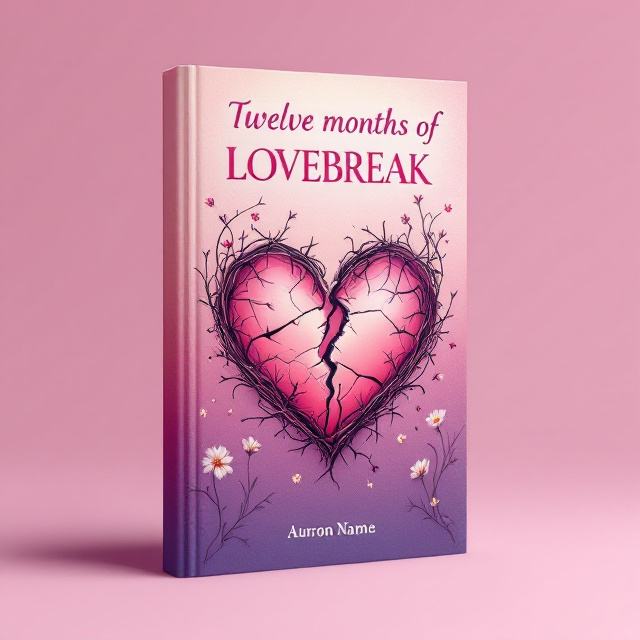 A broken, shattered heart in the center, pieces slightly drifting apart, with a soft gradient background transitioning from pink to deep purple. Surrounding the heart, there are faint, delicate outlines of flowers tangled in thorns. The edges of the cover fade into a subtle blurred effect, invoking both love and heartbreak.