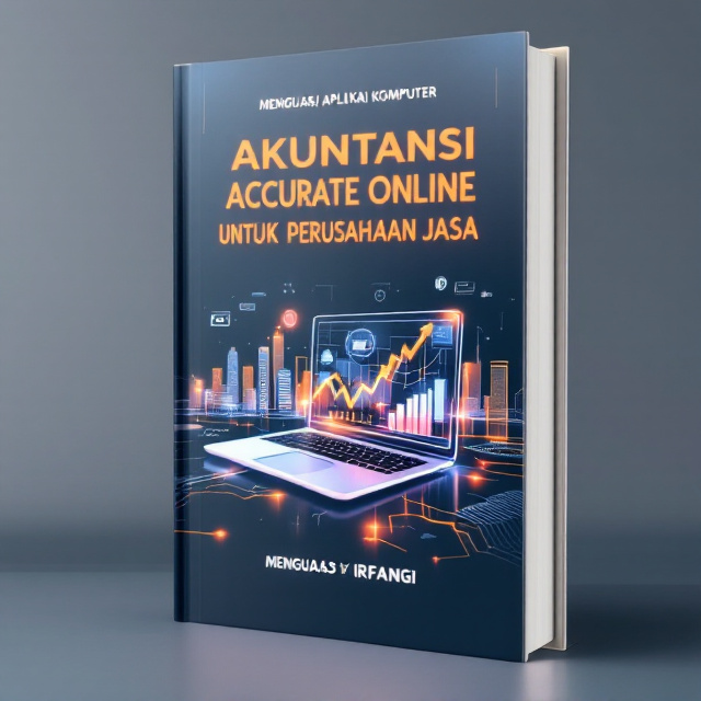 A modern design featuring a semi-transparent laptop displaying financial data and charts, with subtle light rays emphasizing the digital aspect of the book’s topic. An abstract geometric cityscape in the background represents service-oriented businesses. The color palette includes shades of blue and gray to evoke a professional and technological feel, with orange accents for a touch of vibrancy.