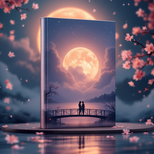 A soft, dreamy visual composition featuring a large full moon glowing in a dusky, twilight background. Silhouettes of two people, standing at a small distance on a bridge over tranquil waters, symbolize romantic tension. A subtle overlay of flowing, translucent clouds wraps the scene with an ethereal feel, while scattered cherry blossoms fall lightly across the frame for added elegance.