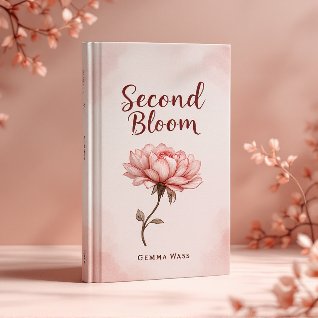 A soft, watercolor-like blush background with elegant rose vines cascading down from the top corners into the frame, creating a romantic and sophisticated feel. At the center, an intricate, illustrated open flower with petals designed as pages of a book, subtly adding wit and intellectual charm. The flower's stem curves gracefully, forming a subtle feminine silhouette, reflecting strength and confidence.