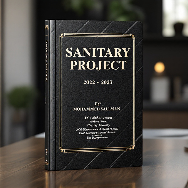 A black leather-textured background with subtle diagonal strips embossed into the surface, adding a modern yet professional aesthetic. The title "SANITARY PROJECT" is boldly centered at the top in metallic silver foil, exuding a sense of prestige. Below it, the text "2022 – 2023" appears in clean, sleek typography. The university's name, faculty, and department details are centered in a symmetrical stack, framed by minimalist silver borders at the sides. At the bottom half, "BY/ Abdelrahman Mohamed el-sayed Ahmed" is displayed in smaller font, while "Under Supervision Dr. / Emad Hamdy El Gohary" appears just below it. The author’s name, "Mohammed Salman," is placed at the bottom center in bold capitalized letters.