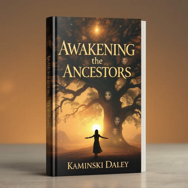 A serene sunrise illuminated by soft amber and gold hues forms the background, with a silhouette of an old, majestic oak tree. The tree's sprawling branches intertwine with faint ancestral faces embedded in the bark. In the foreground, a person stands with arms gently outstretched toward the tree, symbolizing connection and awakening, surrounded by hints of glowing light particles, evocative of spiritual energy.