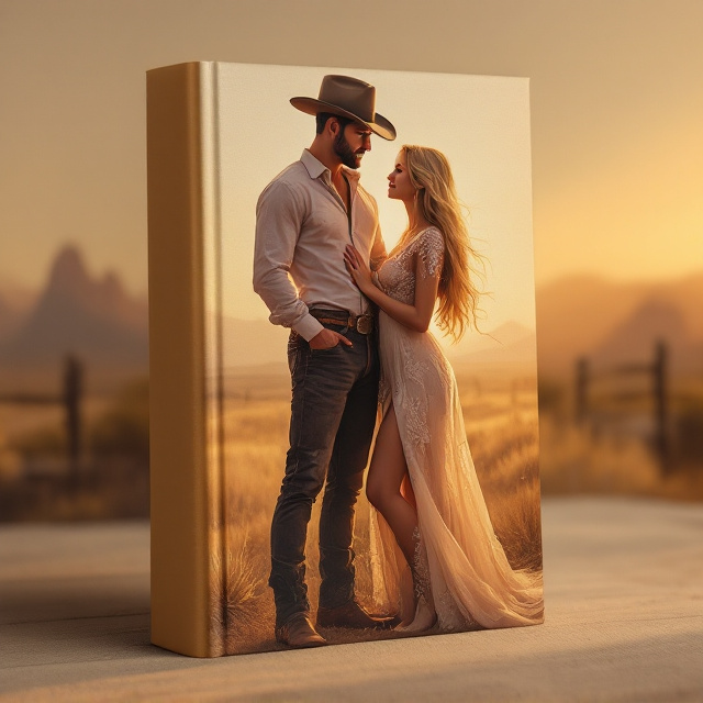 A soft, painted illustration set in a golden Western evening scene. In the foreground, two faceless characters dominate the composition. The male, tall and broad-shouldered, stands on the left, lightly tipping the chin of the female towards him. He wears a polished cowboy ensemble, complete with a fitted button-up shirt, jeans, boots, and a sleek cowboy hat. The female is poised elegantly, her long, flowing blonde hair cascading in soft waves, wearing a beautifully detailed Western-style dress with lace and embroidery. In the background, an open, serene Western landscape with subtle outlines of mountains and a silhouette of a cowboy-style fence is bathed in a warm, golden sunset glow. The tones range from soft blush pinks and oranges to warm browns, giving the art a refined and intimate feel.