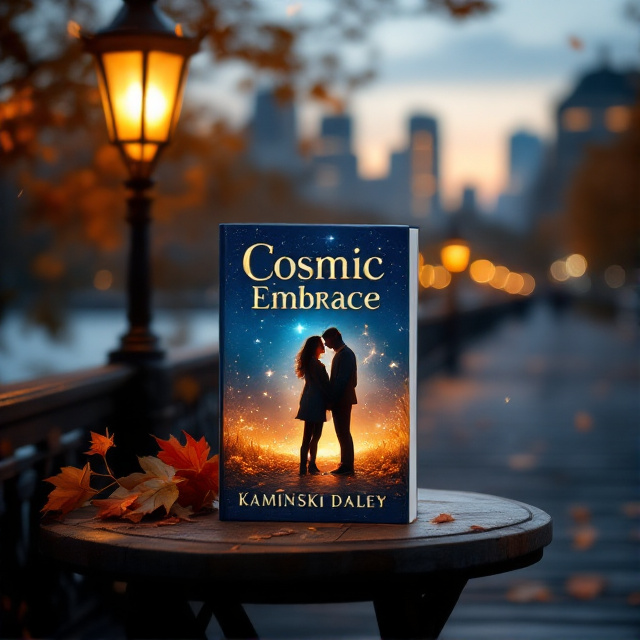 A couple standing on a quiet city bridge during twilight, illuminated by warm, golden city lights, with autumn leaves in the air. The city skyline is blurred in the background, creating a sense of depth. A cozy lamp-post casts a soft, intimate glow on the couple. Around the edges of the cover, faint outlines of trees and reflections of water create a dreamy, romantic atmosphere.
