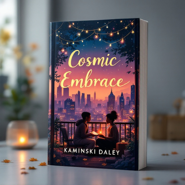 A warm-toned, blended illustration featuring a skyline of a bustling, vibrant city during twilight in the background. In the foreground, a heartfelt moment a black couple sharing an intimate, vulnerable gaze on a cozy balcony adorned with soft string lights. Small symbolic elements, like a journal and suitcase, subtly hint at personal growth and adventure. Faint autumn leaves scatter in the wind across the scene, enhancing emotional undertones.