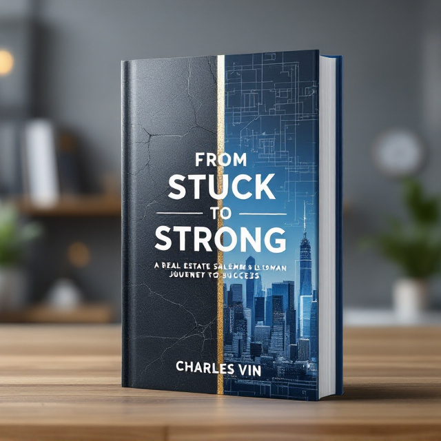 A vertically split cover with a cracked dark concrete wall on the left (symbolizing “stuck”), transitioning seamlessly to a modern, sleek city skyline on the right (representing “strong”). The split line is defined with a subtle metallic gradient stripe. The left side is dominated by shadowy texture in deep black fading into dark navy, while the right side uses brighter shades of cobalt blue with light metallic accents. The blueprint grid texture overlays lightly on the skyline, adding subtle architectural detail.