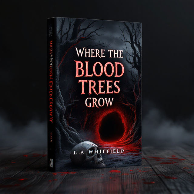 A dark, shadowy forest dominates the background, with twisted, gnarled trees that appear monstrous and eerie. The trees have thick, crimson blood streaking down their bark, pooling at the roots. In the lower right corner, a partially visible cave entrance is shrouded in mist, with ominous darkness suggesting something lurking inside. In the dirt before the cave lies a bleached, cracked skull with faint blood spatters surrounding it. The sky above is a foreboding mix of black and deep red clouds, adding to the tension. Subtle fog rolls over the forest floor.