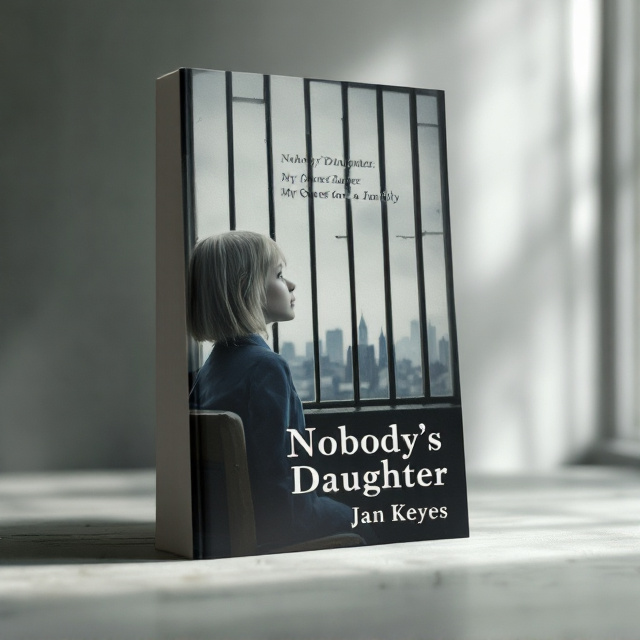 A desaturated, melancholic tone dominates the cover. An image of an 8-year-old girl with straight blond hair, dressed in a slightly wrinkled blue uniform, sits on a simple wooden bench near a barred window. The girl's head is turned slightly to the side as she gazes longingly out the window into a gray, overcast sky. Through the bars, a faint, shadowy cityscape is visible in the blurred background. The shadows of the bars create strong, defined lines on the girl's face, emphasizing the feeling of confinement. Subtle, delicate lighting from the window catches on her blond hair, adding focus to her figure.