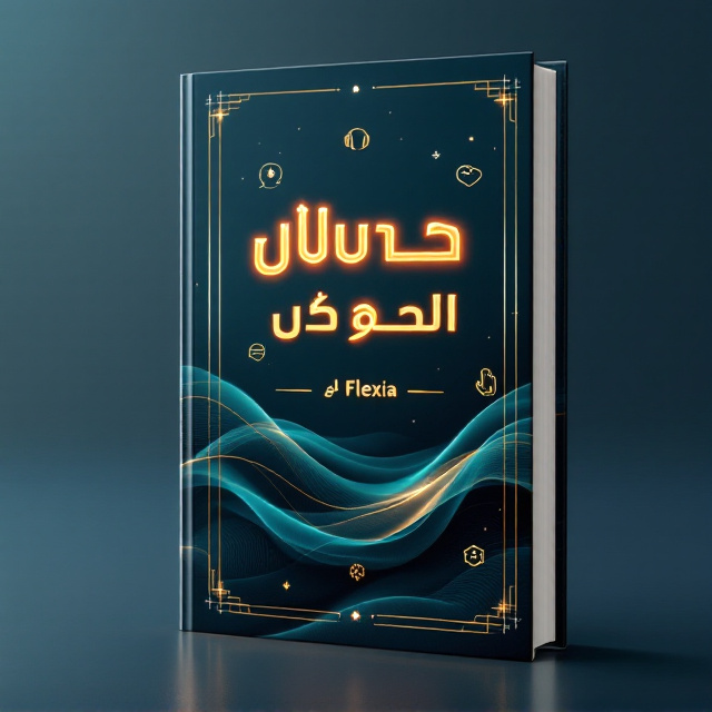The cover features a deep, gradient blue-to-blue-green background with a subtle, dynamic wave design. Golden accents, such as thin lines flowing organically, frame the edges of the cover. Elegant, minimalistic icons—a headset, chat bubbles, a handshake, and a helping hand—are subtly embedded into the wave pattern, blending seamlessly. The book title is placed boldly in the center in a glowing gold-white combination, radiating with a soft ambiance to draw the eye. Below the title, the author name “مجتمع Flexia” appears in a smaller, understated style.