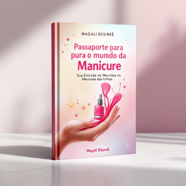 A minimalistic yet elegant design featuring a hand softly holding a nail polish bottle that spills vibrant, glossy colors across the cover, symbolizing creativity and opportunity. The background is a radiant gradient blend of pastel pink transitioning into a soft gold shimmer. Small icons of nails, manicuring tools, and sparkling stars are subtly scattered along the edges to add detail and relevance to the theme. At the top, an uplifting tagline “Sua Entrada no Mercado das Unhas” arcs gently in a polished white font.