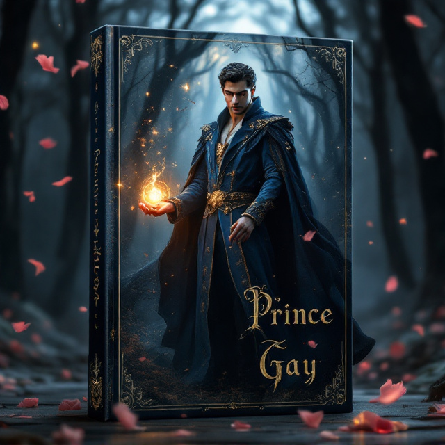 A dark and mystical forest forms the background, illuminated by soft silver and moonlit tones. In the center, a regal, enigmatic prince dressed in flowing royal attire, cloaked in deep blue and gold hues, stands with an air of both vulnerability and authority. His piercing gaze holds the viewer’s attention, while a faint silhouette of another figure, looking towards him from afar, adds a sense of romantic tension. A glowing, magical orb floats beside him, emitting a faint golden hue, symbolizing his mysterious powers. Ethereal wisps and faint rose petals blow across the composition, further weaving romance and fantasy.