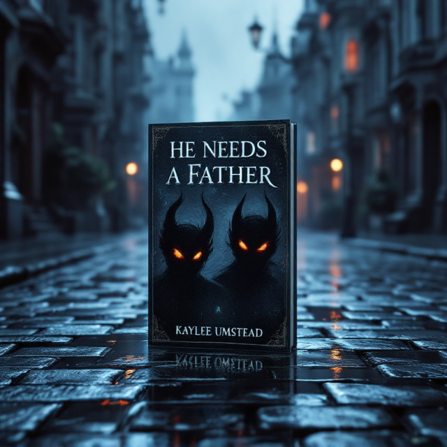 A dimly lit Victorian cobblestone street drenched in faint grey and blue tones, slick from rain. A single, partially blurred wet footprint leads the eye into the center foreground. In the shallow puddle on the ground reflecting the skies above, there are the faint but menacing figures of two demons with fiery red eyes and piercing yellow eyes glowing dimly. The backdrop includes towering, shadowy Victorian-style buildings that appear distorted and slightly surreal. The overall tone is haunting yet magical.
