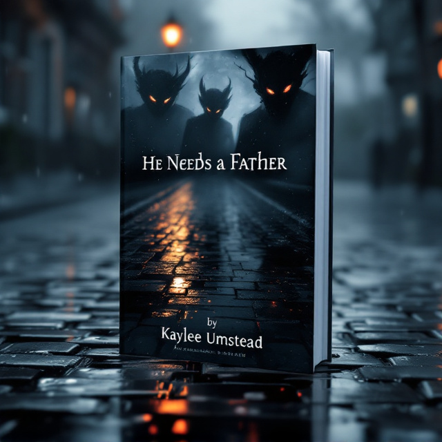 A haunting Victorian cobblestone street extends diagonally across the cover. A single wet footprint shimmering on the cobblestone sits near the bottom center of the cover. Within the reflection of the water surrounding the footprint, two sinister demons loom—one with glowing red eyes and the other with piercing yellow eyes, both distorted and menacing. The surrounding scene is dim, with a smoky, grey fog enveloping the top and edges of the cover, fading from darker tones toward the center. Subtle rain droplets add texture, and a hint of flickering gaslight from an unseen streetlamp casts faint shadows.