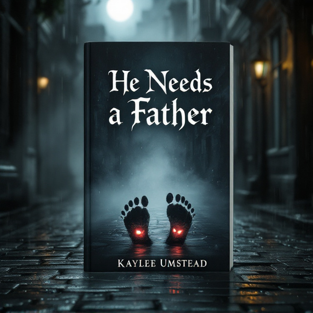 The cover features a dimly lit Victorian cobblestone street slick with rain. The focal point is a single, large, wet footprint, shrouded in eerie mist. Within the small puddle of water where the footprint is left, a reflection reveals two faintly glowing demonic figures—one with piercing red eyes, the other with menacing yellow eyes. The entire scene is suffused with grey tones, contrasted by the fiery glow of the demons’ eyes. A faint glow of moonlight filters through the top corner, providing a haunting ambient effect.