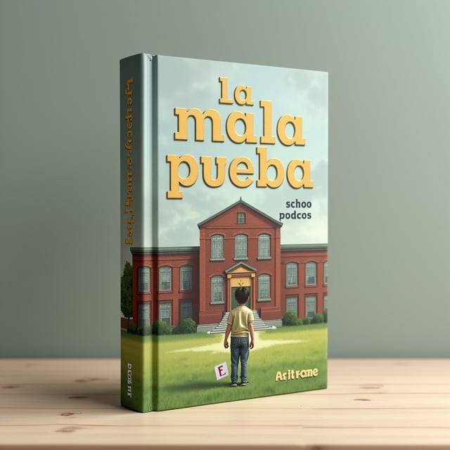 A somber illustration of a little boy, wearing a simple outfit, standing on lush green grass directly in front of a large, old-fashioned brick school building. The boy clutches a crumpled test paper with a prominent red 'F' on it. The sky above is overcast, adding to the melancholic tone. The boy faces the school with his back to the viewer, suggesting isolation and sadness. Soft, muted color tones, like gray, pastel green, and light blue, dominate the scene to highlight the melancholy emotion.