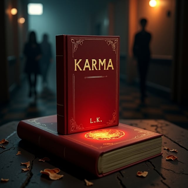 An aged, red leather diary lies slightly ajar on a cracked, dark wooden table. A faint, ominous red glow glimmers from between its yellowed, curling pages. Around the diary, the table surface is scattered with faded ink smudges and small burnt edges of paper. The background transitions into shadowy, blurry school corridors fading into darkness. Ghostly silhouettes of students linger faintly in the distance, adding an eerie undertone. The overall atmosphere projects an unsettling mix of mystery and psychological tension.