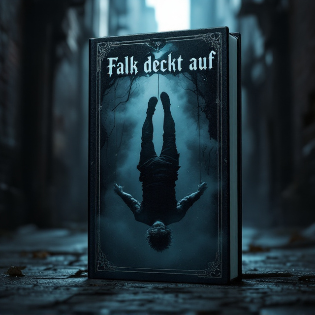 A shadowy, dimly lit scene with heavy emphasis on a noir-inspired mood. In the foreground, a large tarot-inspired depiction of "The Hanged Man," showing a stout, grey-haired man hanging upside down by one leg in a striking and surreal manner. The figure is partially veiled in darkness, surrounded by muted, ominous fog. A streak of faint, cold blue light filters in from the corner, adding depth and a sense of mysticism. The background features an urban alley outlined in harsh, jagged shadows. The entire scene is set in dark tones of black, grey, and deep navy.