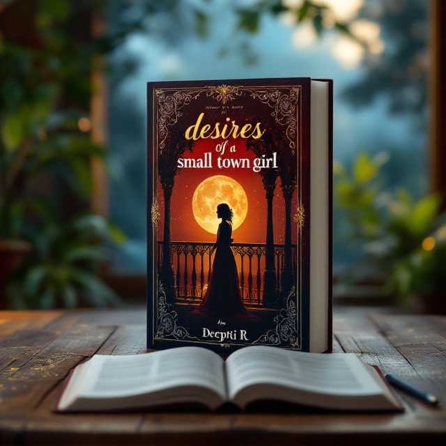 A dusky, sensual cover with a silhouette of a woman standing on the edge of a balcony, overlooking a lush, moonlit Indian landscape. The scene is bathed in deep red and gold tones, symbolizing passion and intimacy. Subtle lace-like patterns and henna-style detailing frame the cover, suggesting femininity and cultural roots. In the foreground, an open notebook and scattered pages signify the act of storytelling and self-expression.