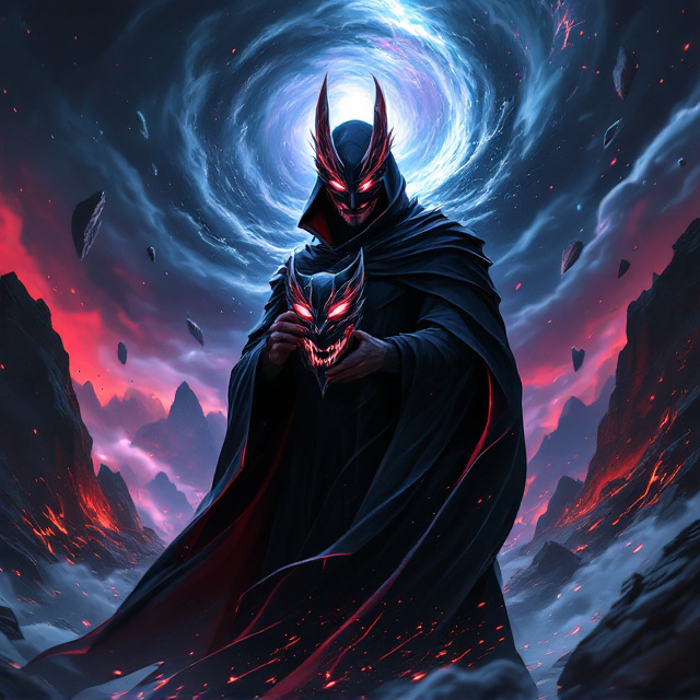 A towering man cloaked in a dark, flowing robe stands at the center of the cover, gripping a menacing black and red demon mask, which covers the left half of his face. His exposed eye gleams with a cold, cunning light, paired with a smirk that radiates pure wicked charm. The backdrop is a chaotic, apocalyptic scene of a collapsing world, with jagged shards of floating landmasses, unleashed energy cracks, and a swirling vortex of deep blue, purple, and black hues consuming the sky.