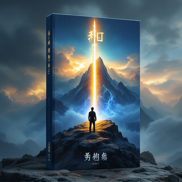 A dominating, glowing long sword in the center of the cover, with a blend of gold and blue radiating ethereal brilliance, is beautifully crafted to appear both powerful and awe-inspiring. The sword pierces into rocky ground atop a grand mountain peak shrouded in mythical clouds. The background consists of a dramatic, otherworldly skyscape with hints of storms and sunlight breaking through, emphasizing the fantasy vibe. A lone male figure—majestic and exuding an air of invincibility—stands with his back to the observer near the sword, looking out toward the horizon.