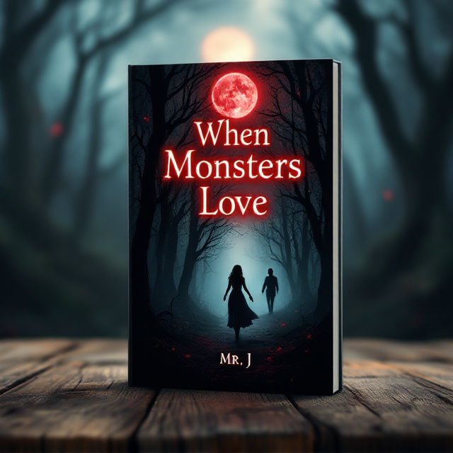 A silhouette of a woman running through a haunting, dark forest with slender, twisted trees on either side. A sinister and imposing male figure's silhouette appears in the background, partially obscured by shadows, as though watching her. The moon casts a subtle blood-red hue across the forest. The silhouettes fade into a gradient of deep black and crimson, invoking a sense of fear, passion, and intrigue.