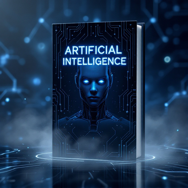 A dark, metallic background with intricate, glowing circuit patterns running through it. A humanoid robot, partially obscured in shadow, stares directly at the viewer with glowing eyes. The title "Artificial Intelligence" is styled as if it's carved into the metal, illuminated by ethereal blue light emanating from within. Subtle smoke and mist spread across the lower portion, blending into the background.