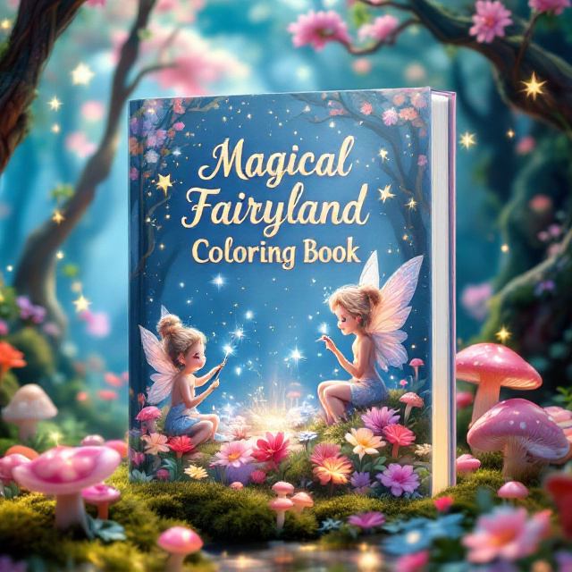 A whimsical forest scene filled with pastel-colored flowers, glowing mushrooms, and sparkling fairy dust cascading throughout the cover. Tiny, chubby, and graceful fairies with joyful expressions hover or sit on the flowers, painting and playing with magical paintbrushes, leaving trails of twinkling, colorful light in their wake. The background showcases towering, twisted whimsical trees with glowing leaves. The dreamy watercolor effect creates a soft, enchanting atmosphere, with light pinks, purples, blues, and greens dominating the palette. A faint, radiant sunbeam filters through the forest canopy, adding to the magical charm.