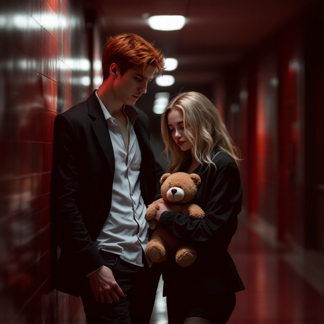 The cover showcases a dimly lit school hallway as the background, with flickering overhead lights casting dramatic shadows. Two high school students stand side by side, positioned slightly turned away from the viewer. The tall, dark-red-haired boy leans casually against the wall on the left, his white shirt untucked, his black blazer slightly crumpled, and his tie loosened, exuding a mix of rebellion and charm. On the right, the petite blonde-haired girl clutches a teddy bear tightly close to her chest. Her soft, wavy blonde hair frames her delicate face, creating an air of tension and mystery. Their body language portrays a blend of detachment yet a shared connection, hinting at unease and romance. Predominantly dark red and charcoal tones dominate, with splashes of soft gold from the hallway light reflections on the girl's hair and the shadows on the boy’s blazer.